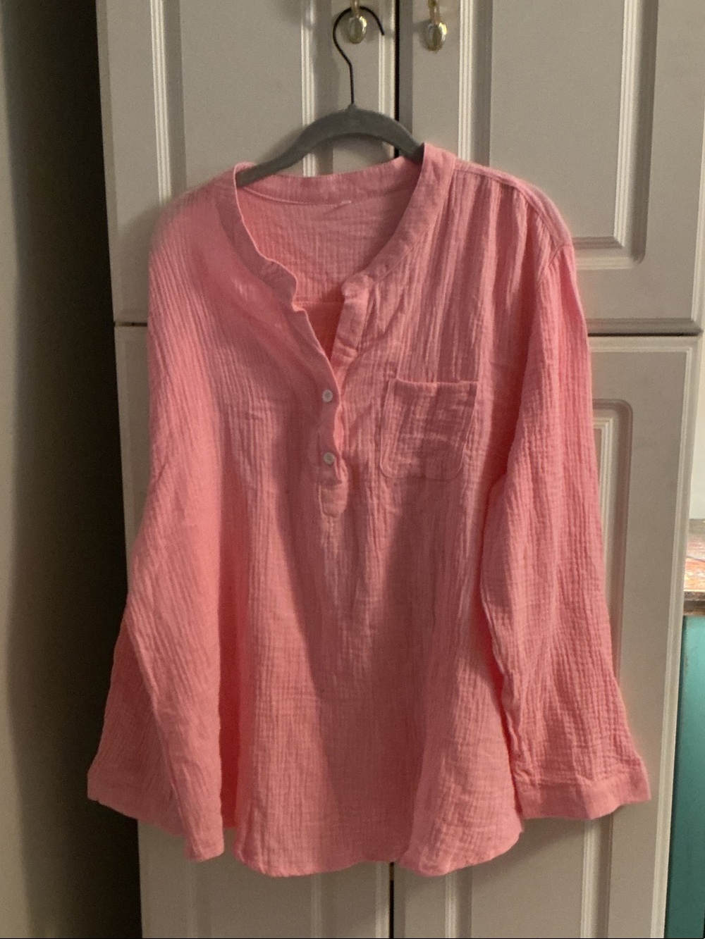 Pink Lightweight Gauze Henley Pullover